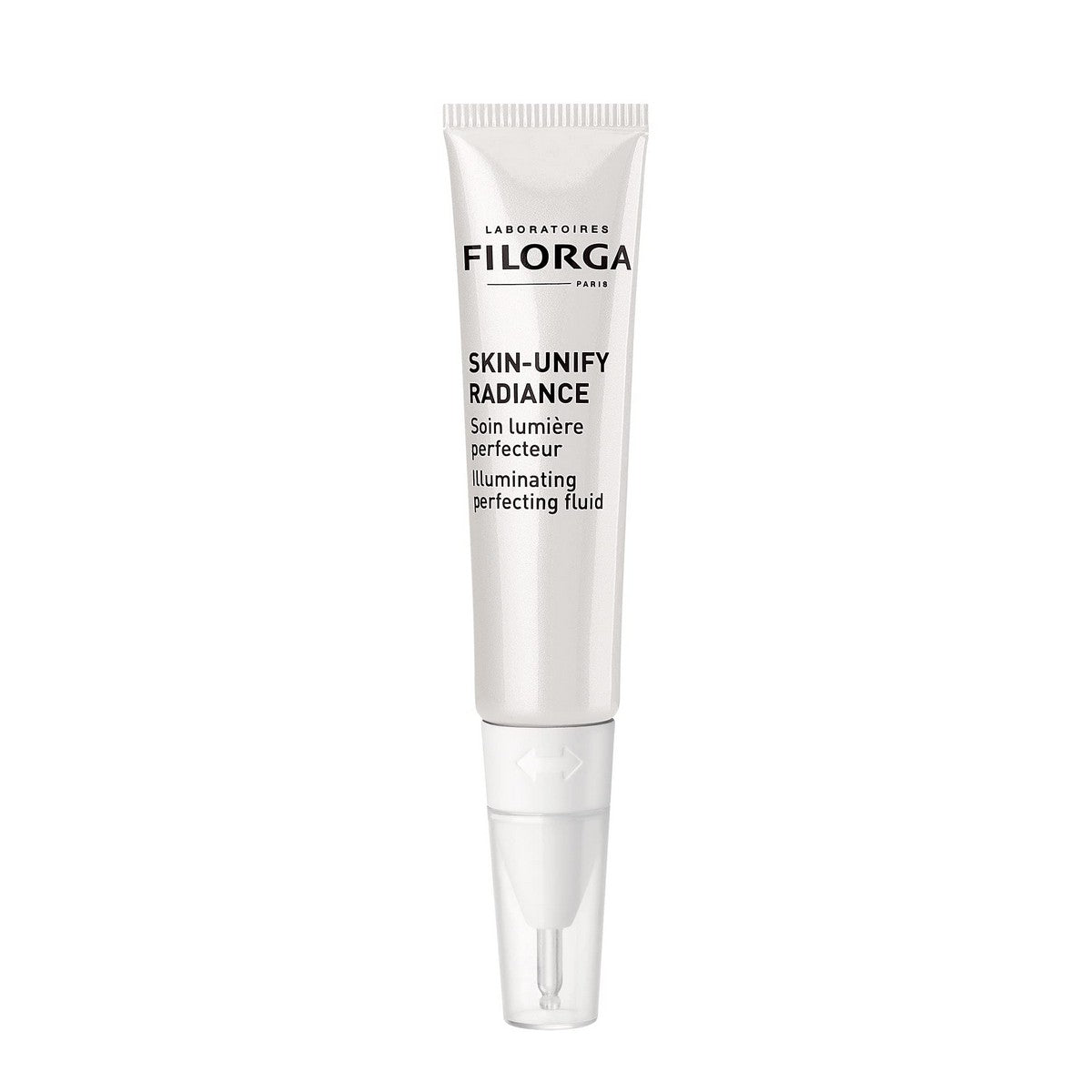 Fluide de beauté éclaircissant Filorga en tube, soin perfecteur pour une peau lumineuse et éclatante.