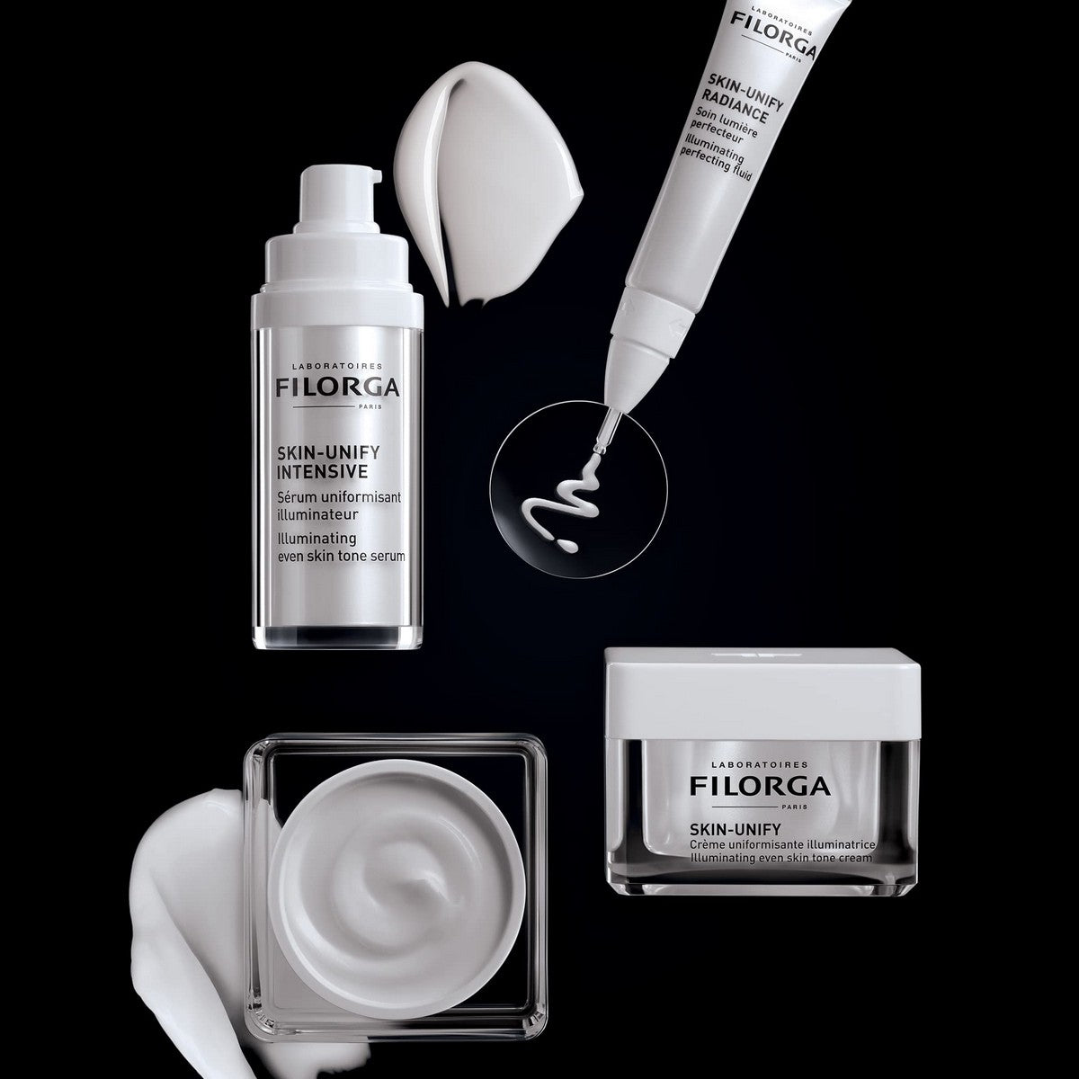 Filorga skincare products including Skin-Unify Intensive serum and cream, designed for radiant and uniform skin tone.