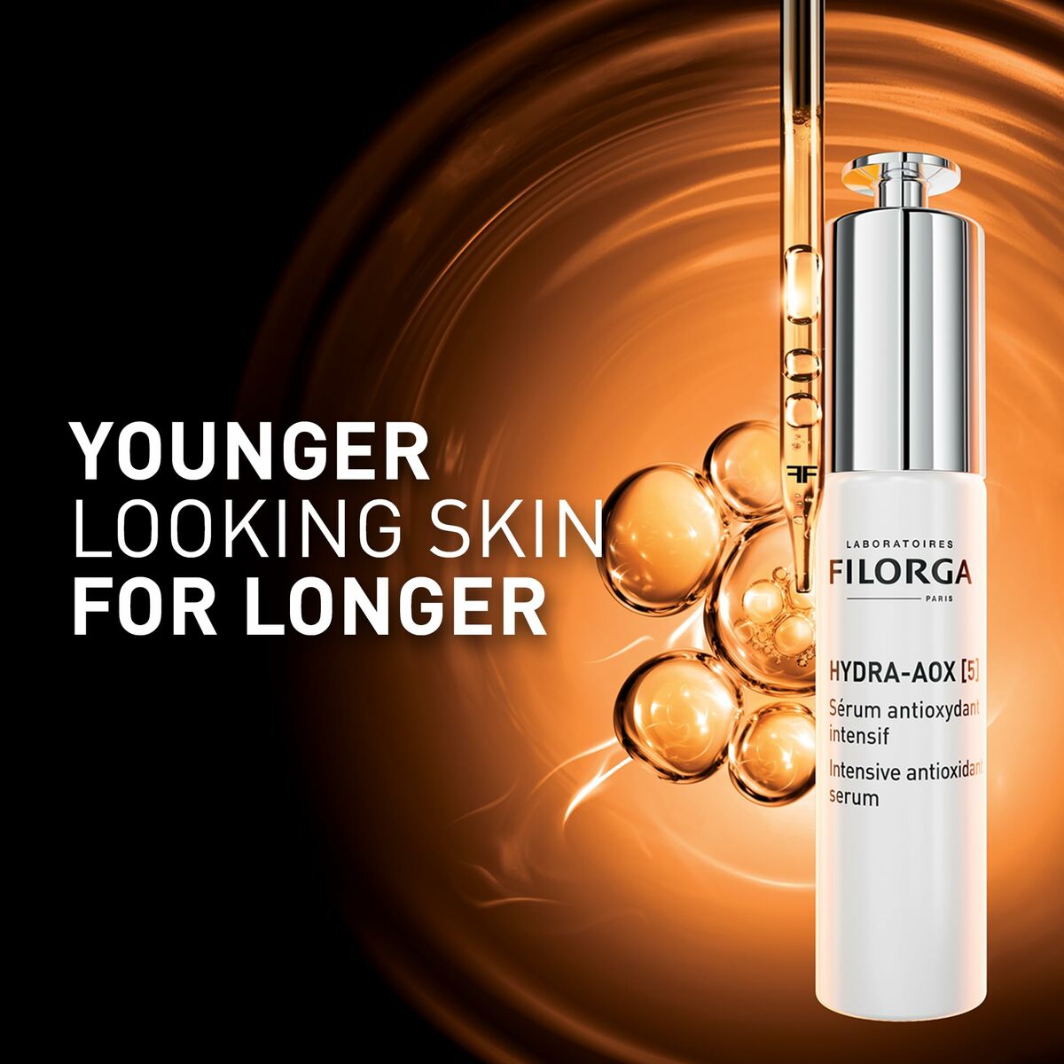 Filorga Hydra-Aox serum for younger looking skin, featuring an antioxidant formula in a modern bottle design.