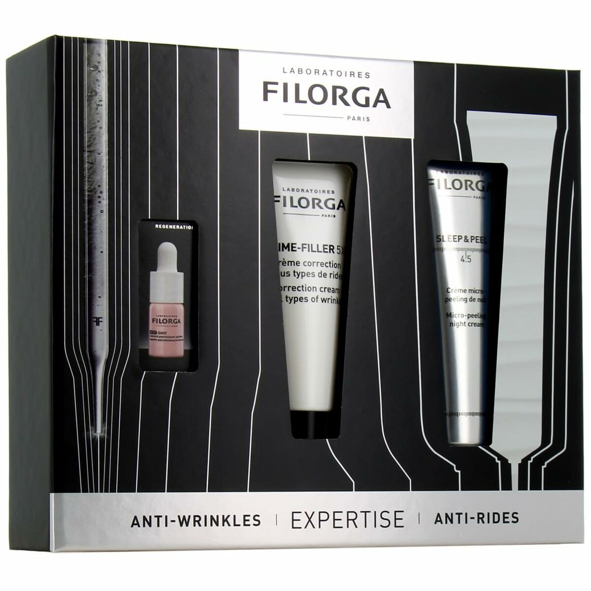 Set de Maquillage Filorga SLEEP AND PEEL 3 pièces avec crème anti-rides et sérum, emballage élégant.
