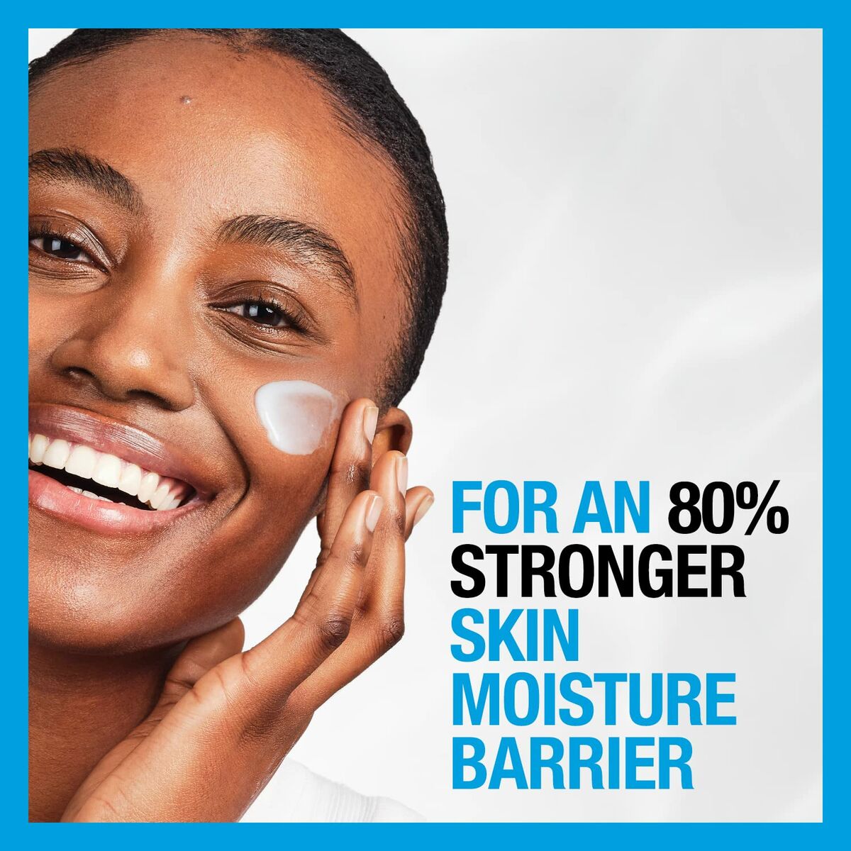 Woman applying cream to her face, promoting an 80% stronger skin moisture barrier by Neutrogena.