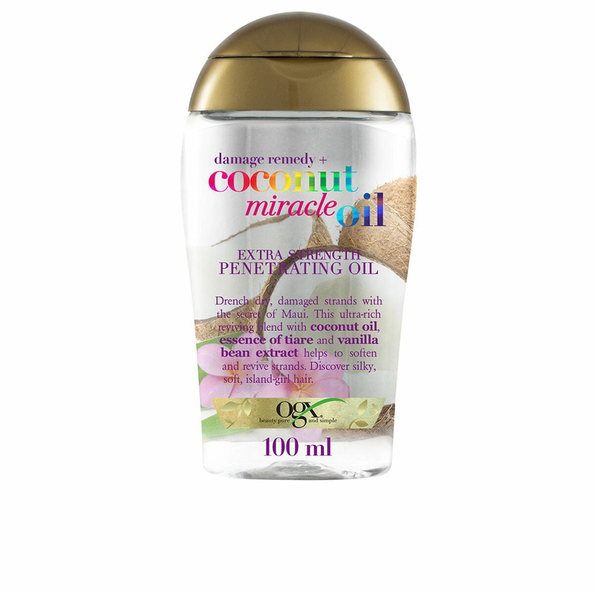 Traitement capillaire OGX Coconut Miracle Oil 100 ml, soin fortifiant pour cheveux abîmés, sans sulfate.