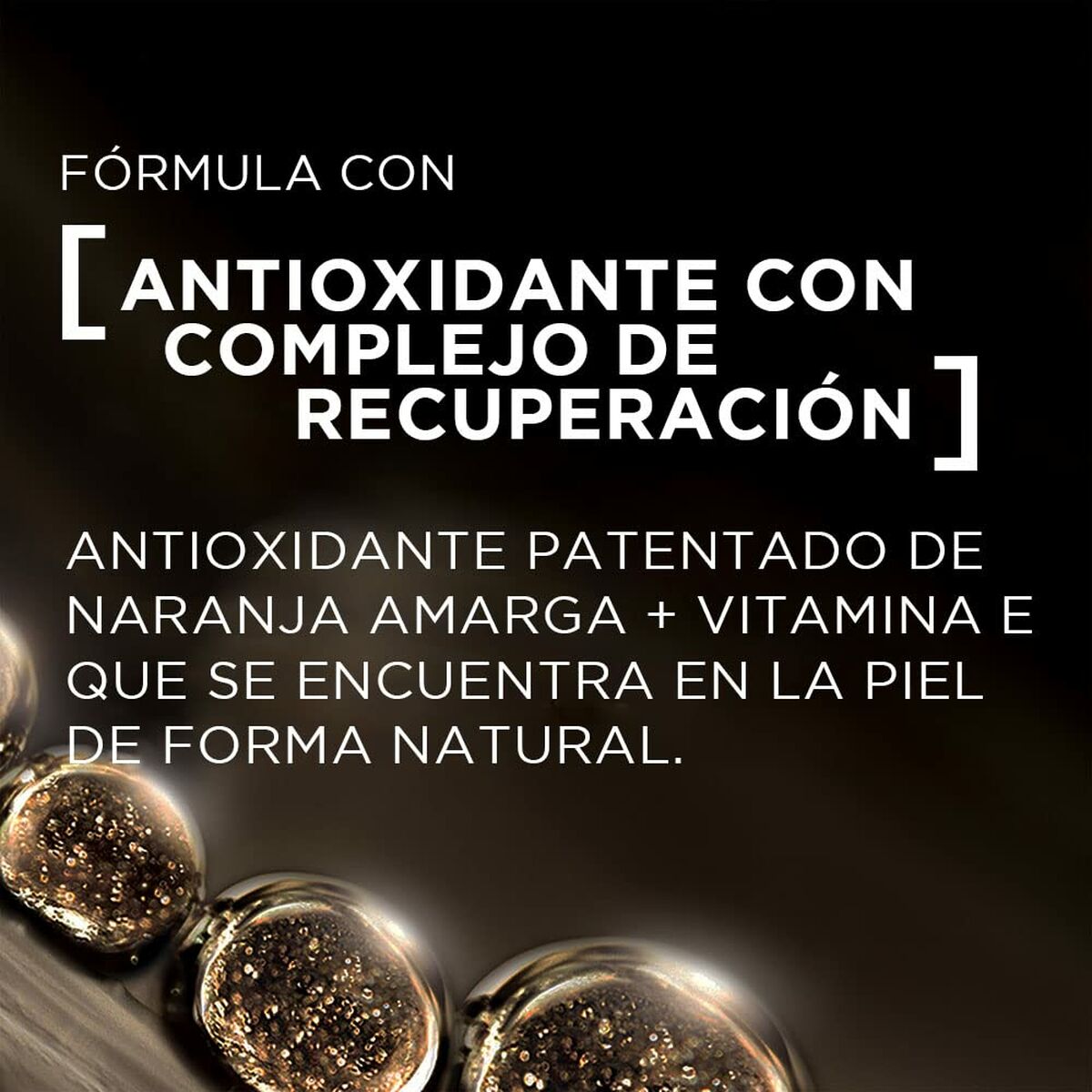 Formulation description featuring patented antioxidant complex with bitter orange and vitamin E for skin recovery.