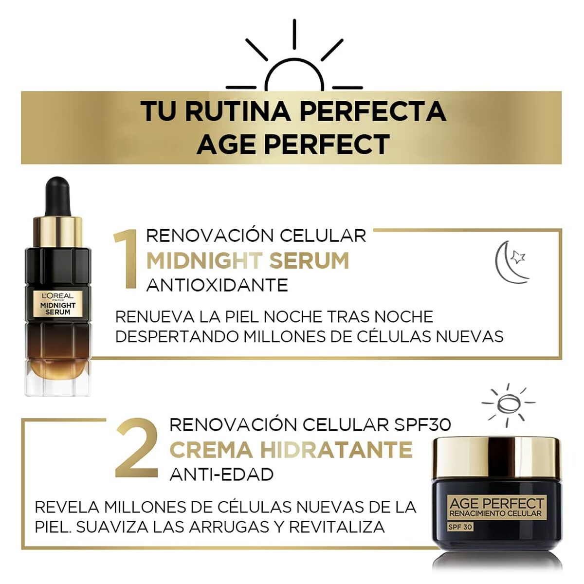 Routine infographic for L'Oreal Age Perfect with Midnight Serum and Hydrating Cream SPF 30.