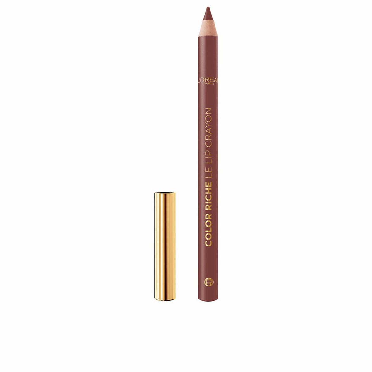 Rouge à lèvres crayon L'Oreal Color Riche en beige, unisexe, avec capuchon doré.