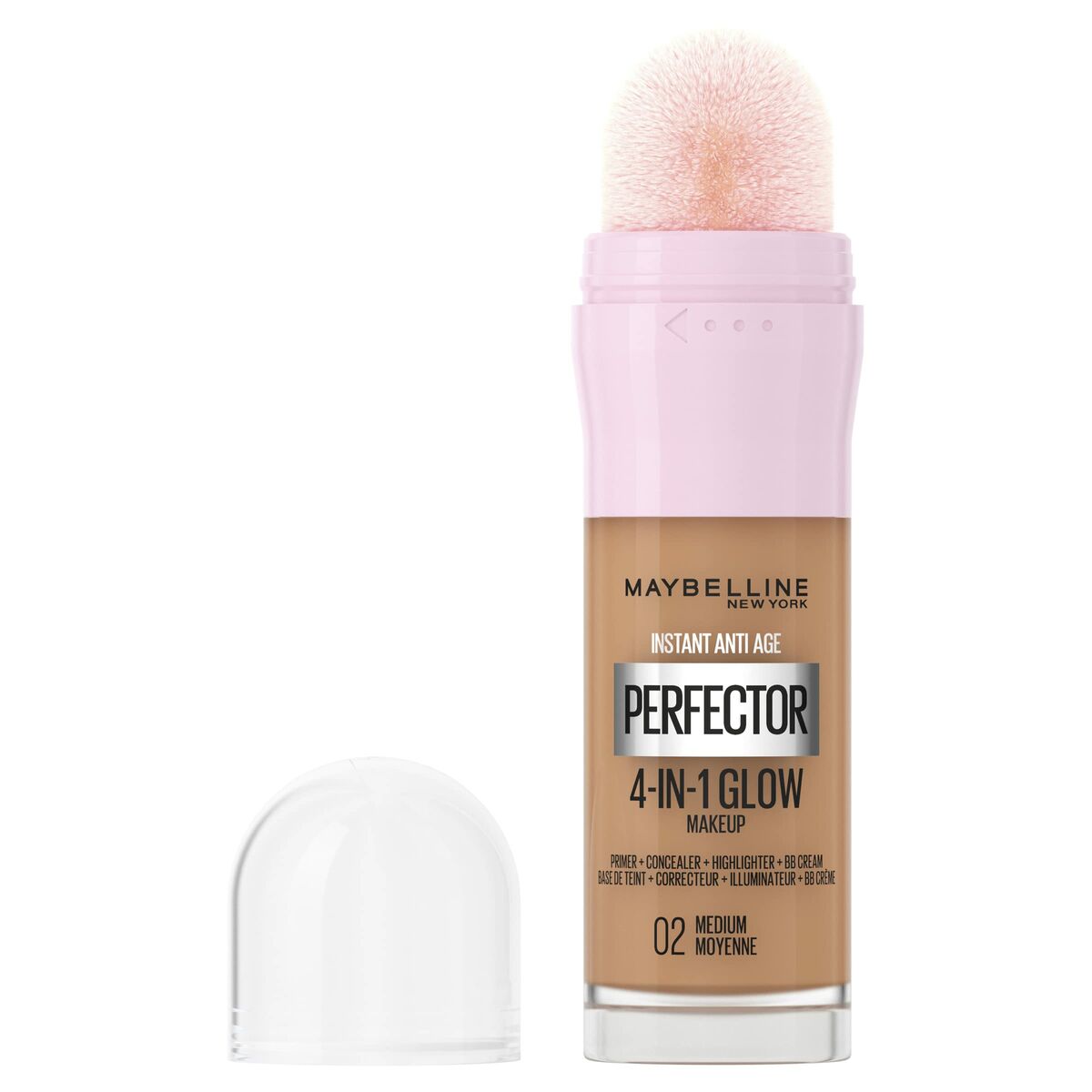 Base de maquillage liquide Maybelline Instant Age Perfector Glow Nº 02 Medium Moyenne de 20 ml, avec applicateur pratique.