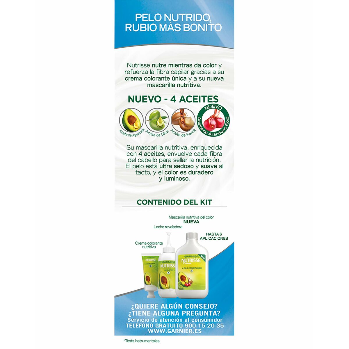 Masque nourrissant pour blondes Garnier Nutrisse, enrichi de 4 huiles, pour cheveux doux et lumineux.