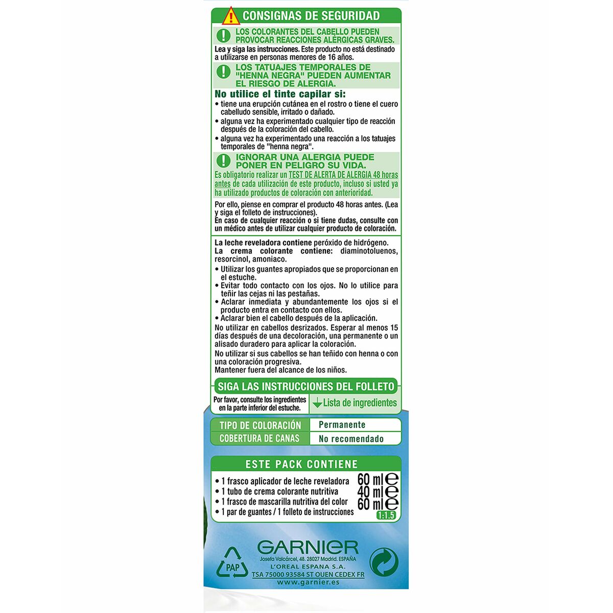 Conseils de sécurité pour le masque clarifiant Garnier Nutrisse Ultra Blonde 101, instructions d'utilisation et précautions.