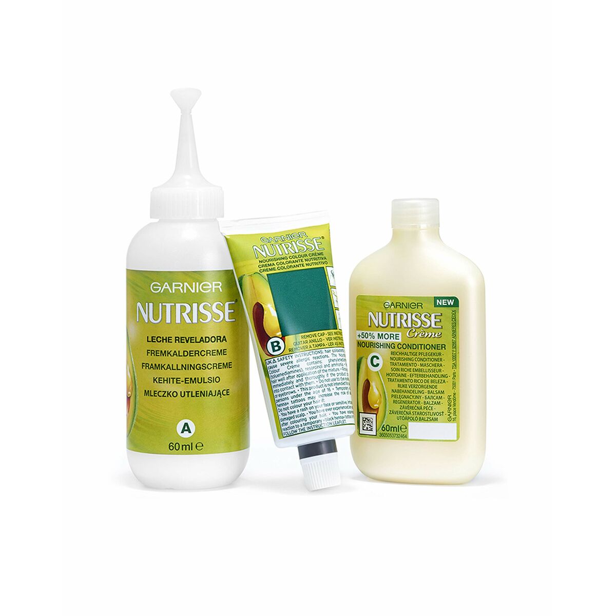 Garnier Nutrisse Ultra Blonde 101 hair coloring kit including developer, color cream, and conditioner.
