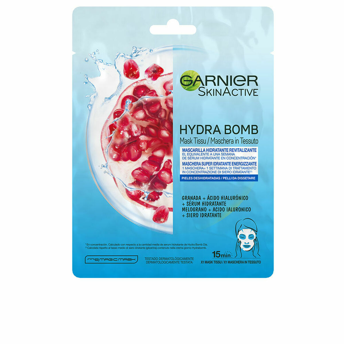 Masque facial Garnier Skinactive Hydrabomb, tissu hydratant pour tous types de peau, enrichi en acide hyaluronique.