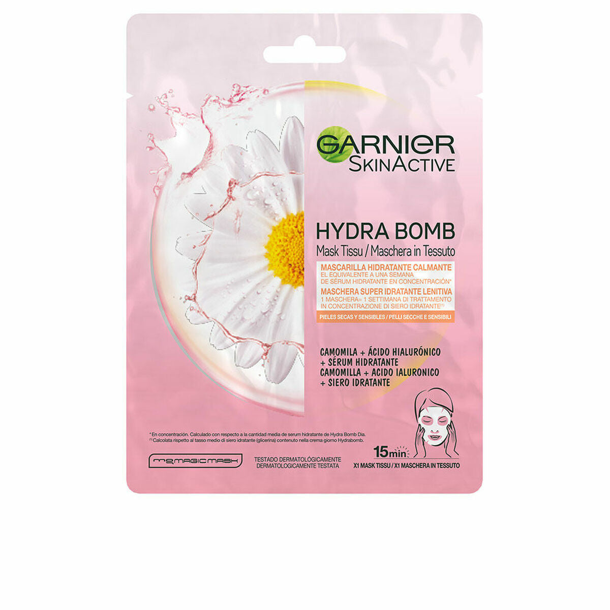 Masque facial Garnier Skinactive Hydrabomb pour peau sèche, apaisant, vegan, 15 minutes d'hydratation.