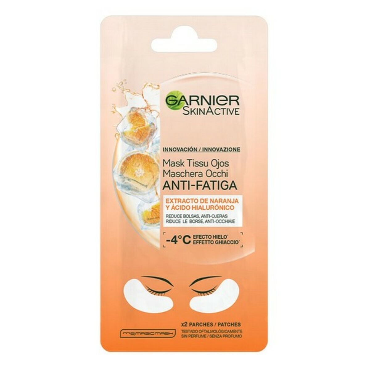 Masque contour des yeux Garnier Skinactive, 2 patchs anti-fatigue avec extrait d'orange et acide hyaluronique.