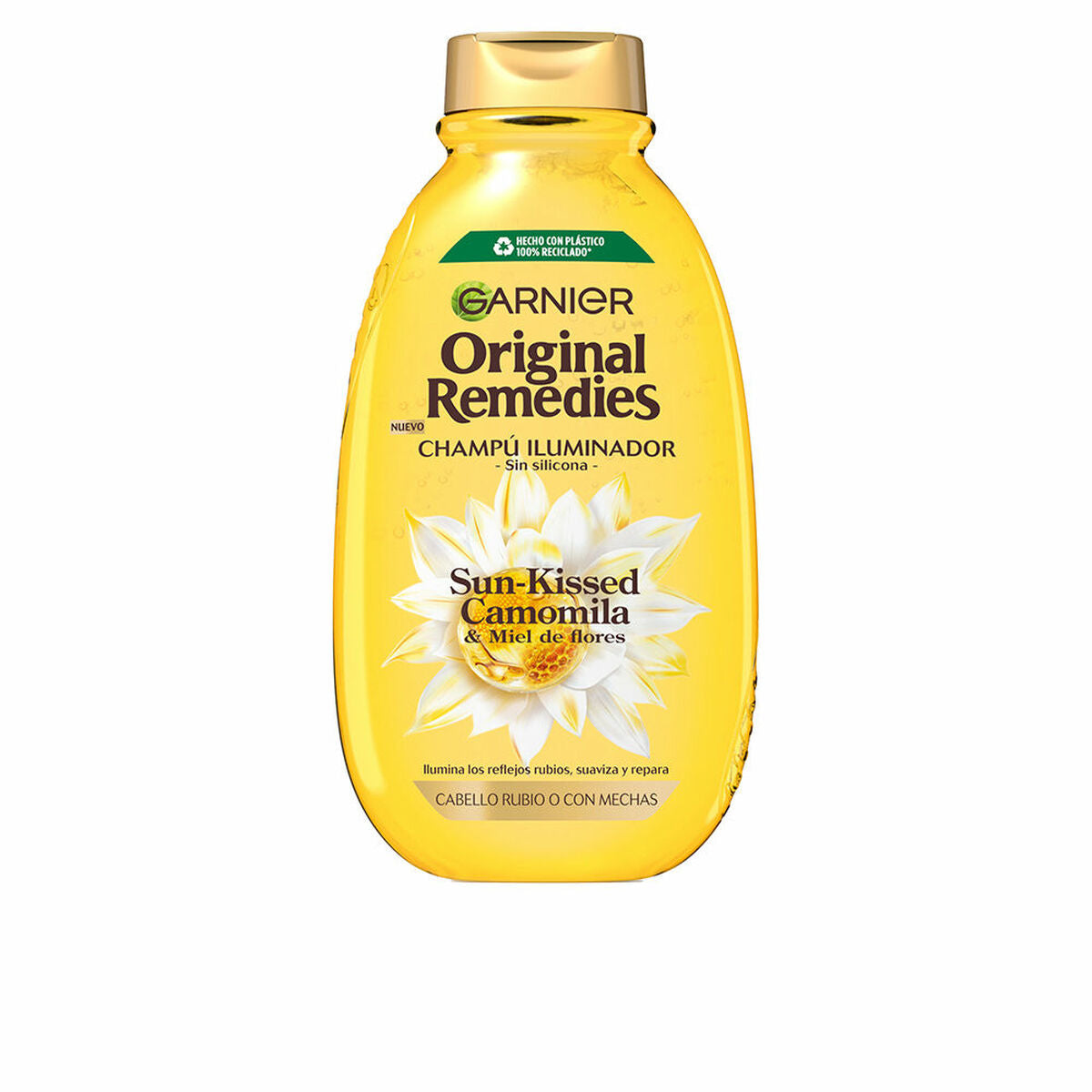 Garnier Original Remedies shampoo in a yellow bottle, Sun-Kissed Chamomile & Honey, silicone-free hair care.