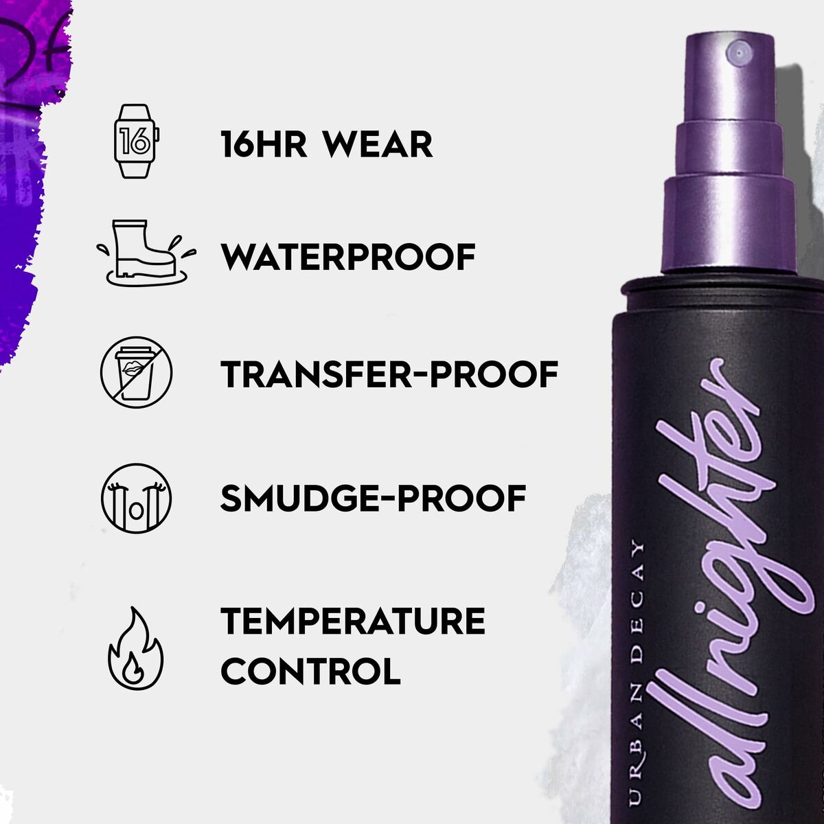 Urban Decay All Nighter makeup set features 16-hour wear, waterproof, transfer-proof, smudge-proof, and temperature control.