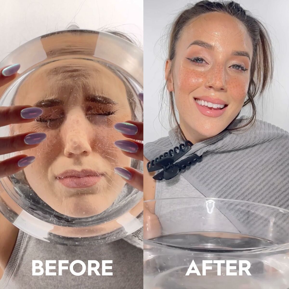 Before and after skin transformation using Urban Decay ALL NIGHTER makeup set, showcasing radiant results.