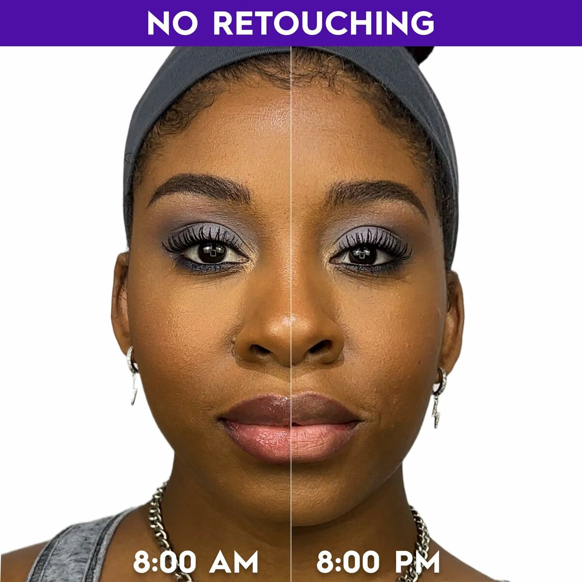 Before and after comparison of makeup using Urban Decay All Nighter, 8 AM to 8 PM, showcasing no retouching.