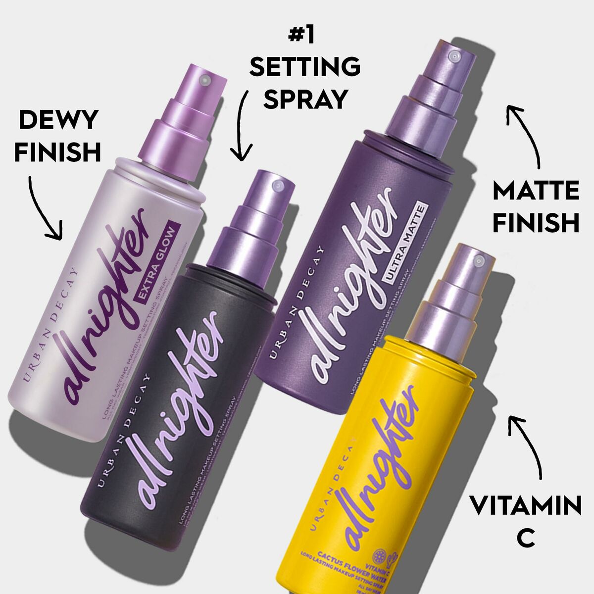Set de maquillage Urban Decay All Nighter avec sprays pour fini mat et éclat, enrichi en vitamine C.