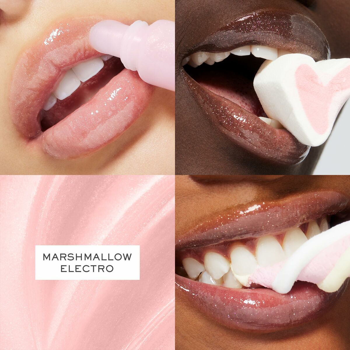 Collage of lips wearing gloss with marshmallow texture; featuring shades of pink and chocolate. Marshmallow Electro style.