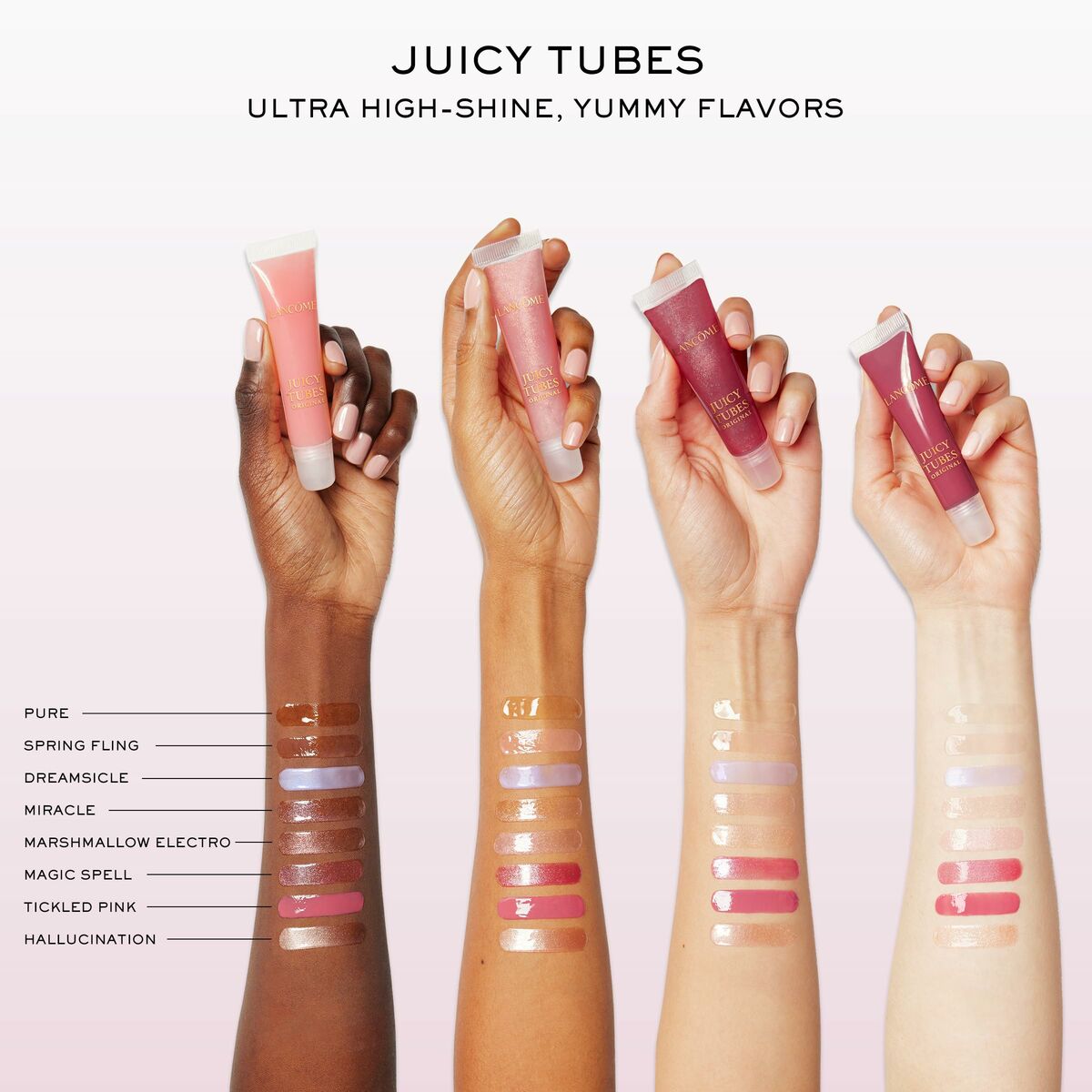 Variety of Lancôme Juicy Tubes lip gloss shades displayed on arms, showcasing ultra high-shine and yummy flavors.