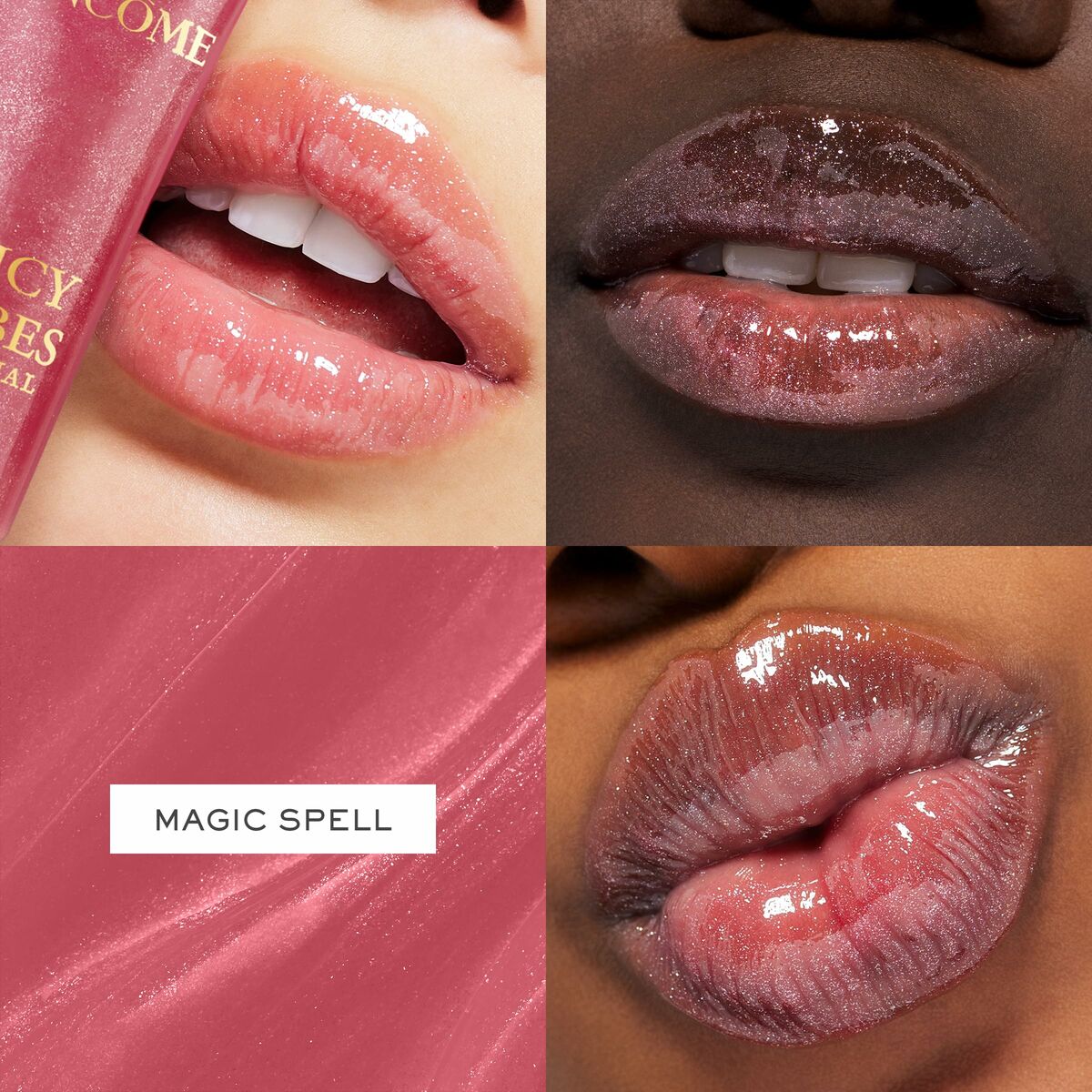 Rouge à lèvres Lancôme JUICY TUBES in various shades showcasing glossy lips and vibrant colors.