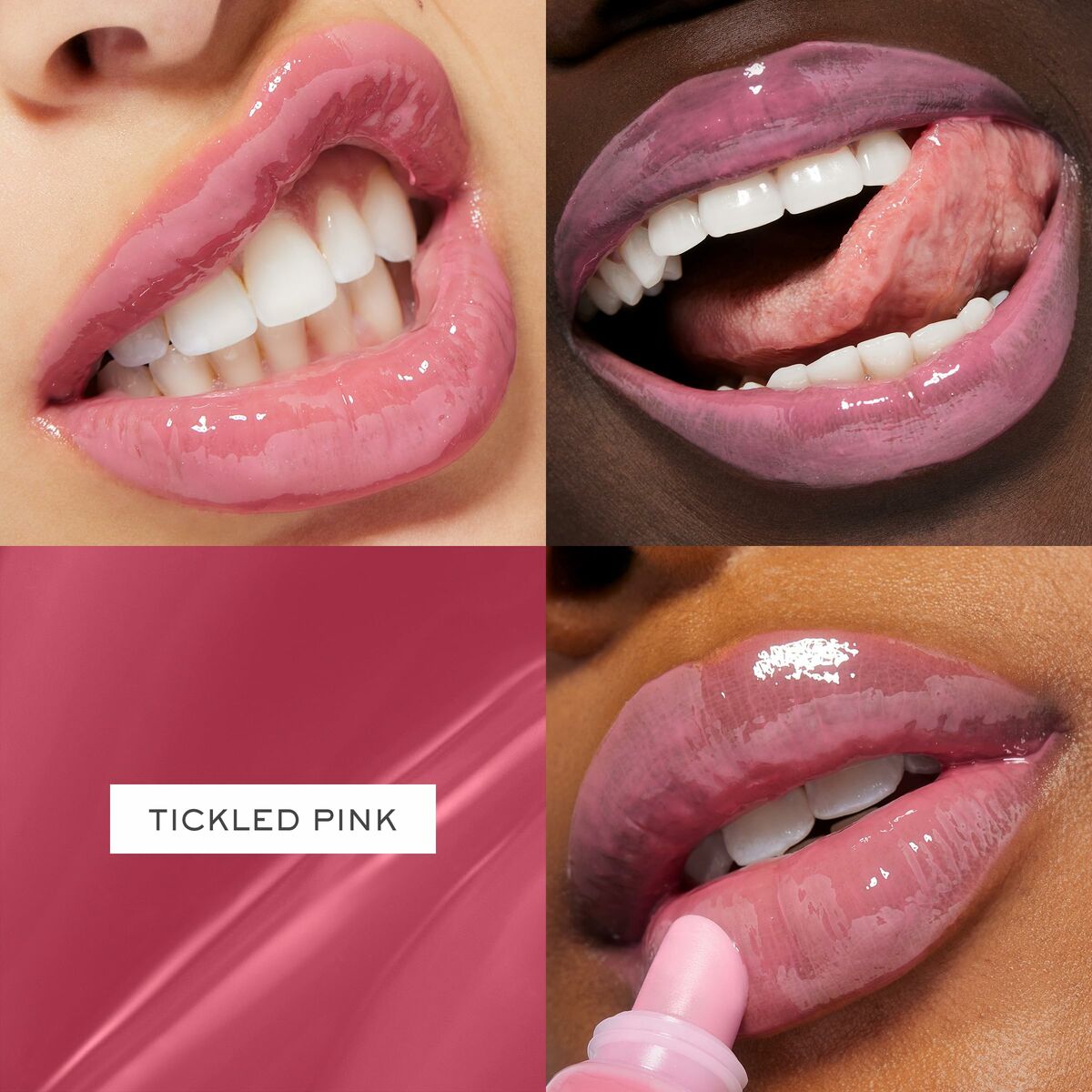 Rouge à lèvres Lancôme JUICY TUBES in Tickled Pink, showcasing glossy lips in a trendy, appealing format.