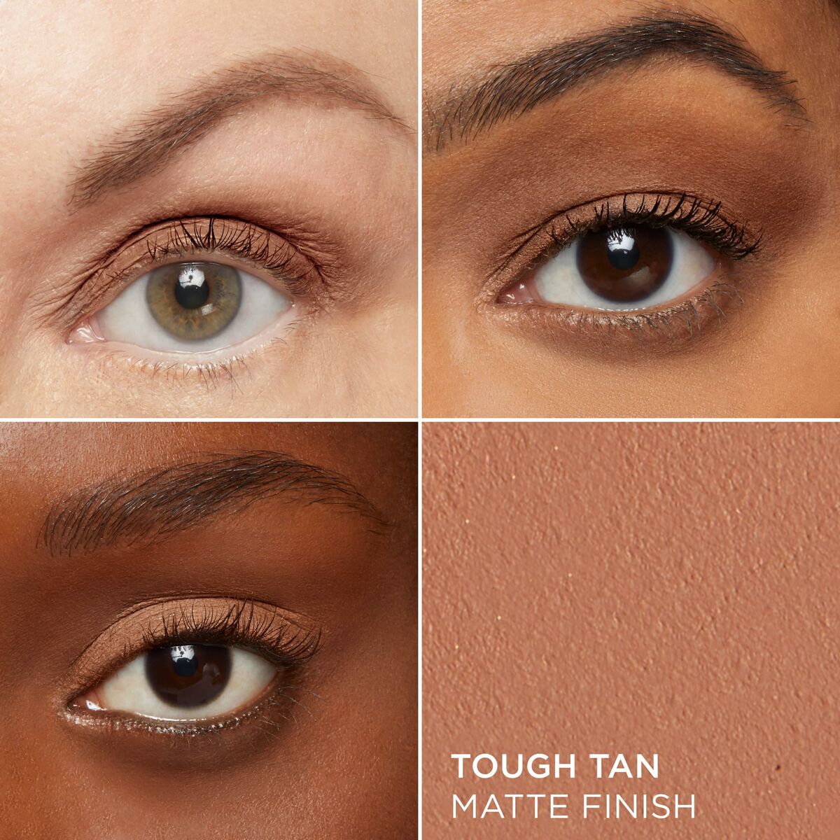 Close-up of diverse eyes showcasing Tough Tan shade from It Cosmetics Superhero face corrector, with a matte finish.