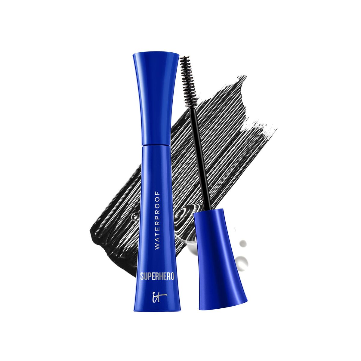 Mascara It Cosmetics Superhero Waterproof, designed for bold lashes with a vibrant blue tube and brush.