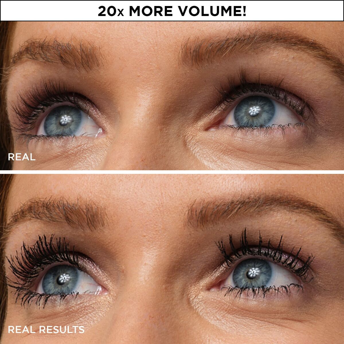 Before and after comparison showing enhanced eyelashes with "20x more volume!" and real results.