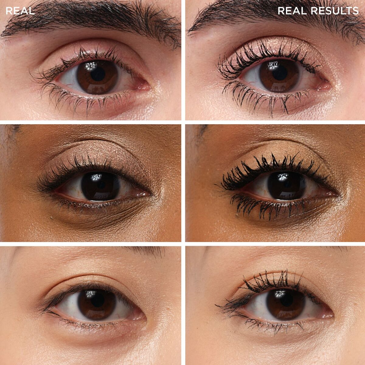 Close-up of six eyes showing the effect of It Cosmetics Superhero Noir eyeshadow in various lighting and styles.