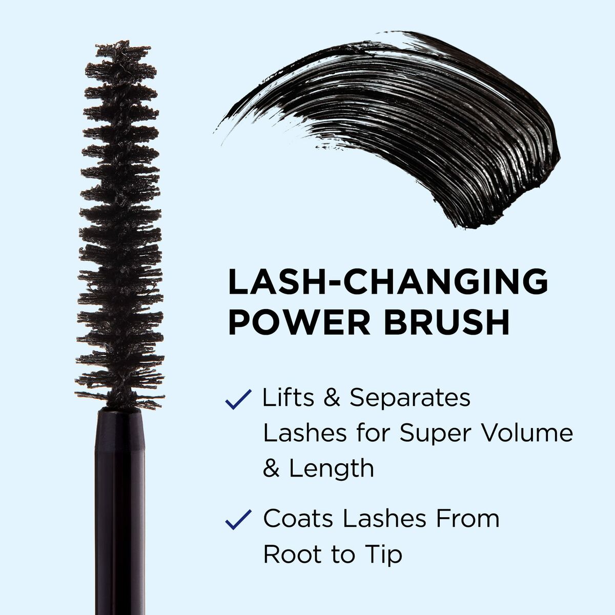 Lash-changing power brush for super volume and length, designed to coat lashes from root to tip.
