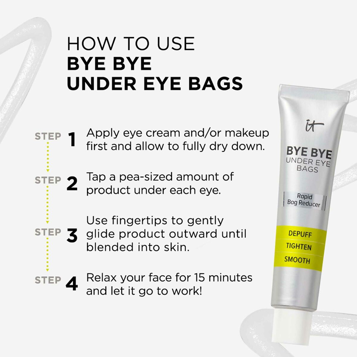 Instructions for using It Cosmetics Bye Bye Under Eye Bags eye cream, highlighting application steps for best results.