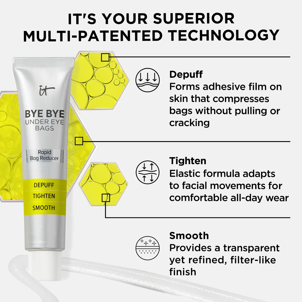It Cosmetics Bye Bye Under Eye Bags cream with multi-patented technology for depuffing, tightening, and smoothing.