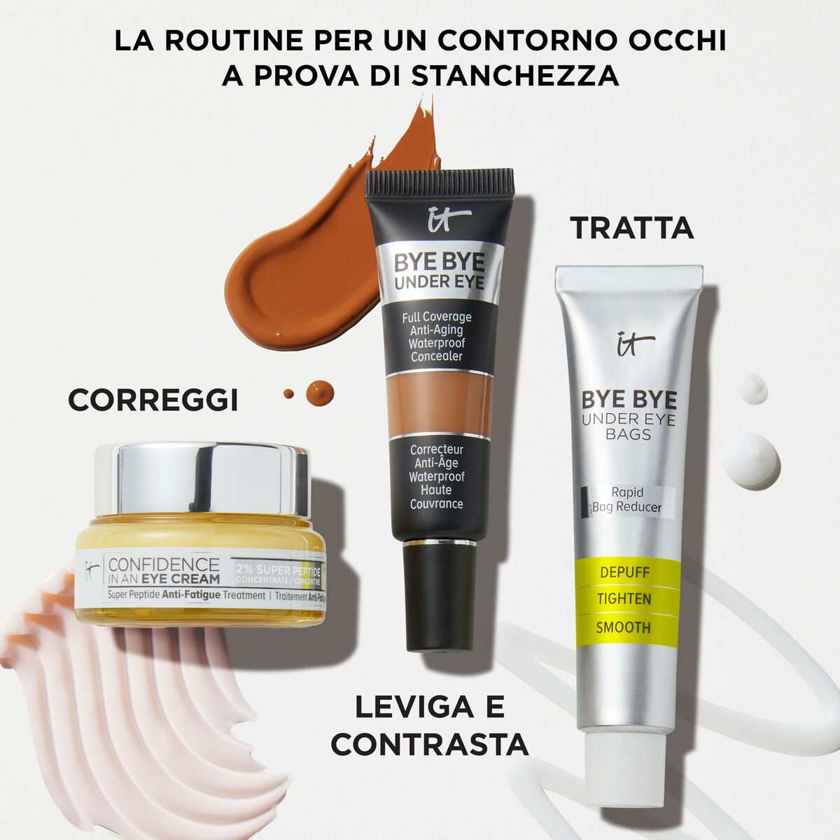 Routine pour un contour des yeux : It Cosmetics Bye Bye Under Eye, Confidence en Crème et Bye Bye Under Eye Bags.