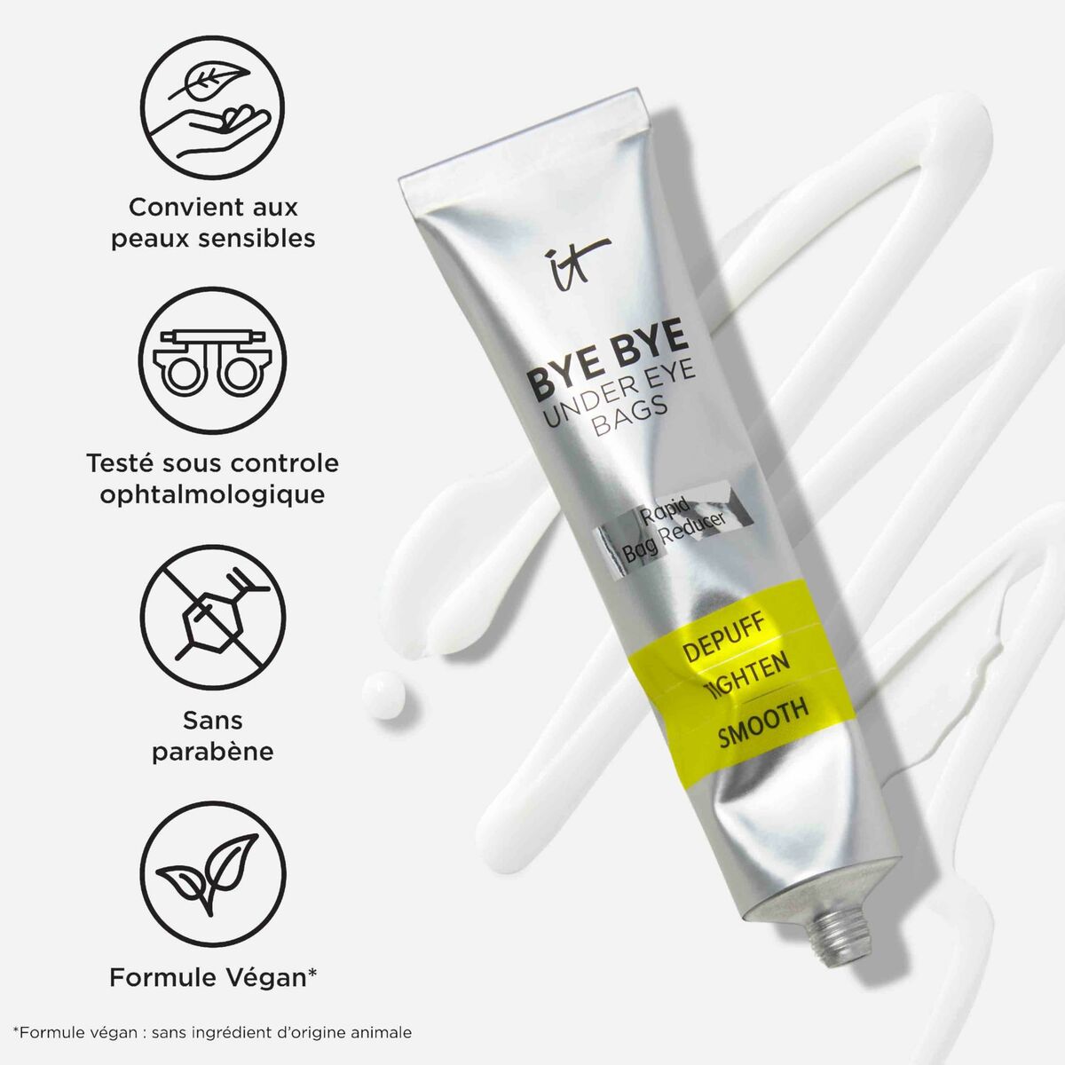 It Cosmetics Bye Bye Under Eye Bags cream for sensitive skin, vegan formula without parabens, ophthalmologist-tested.