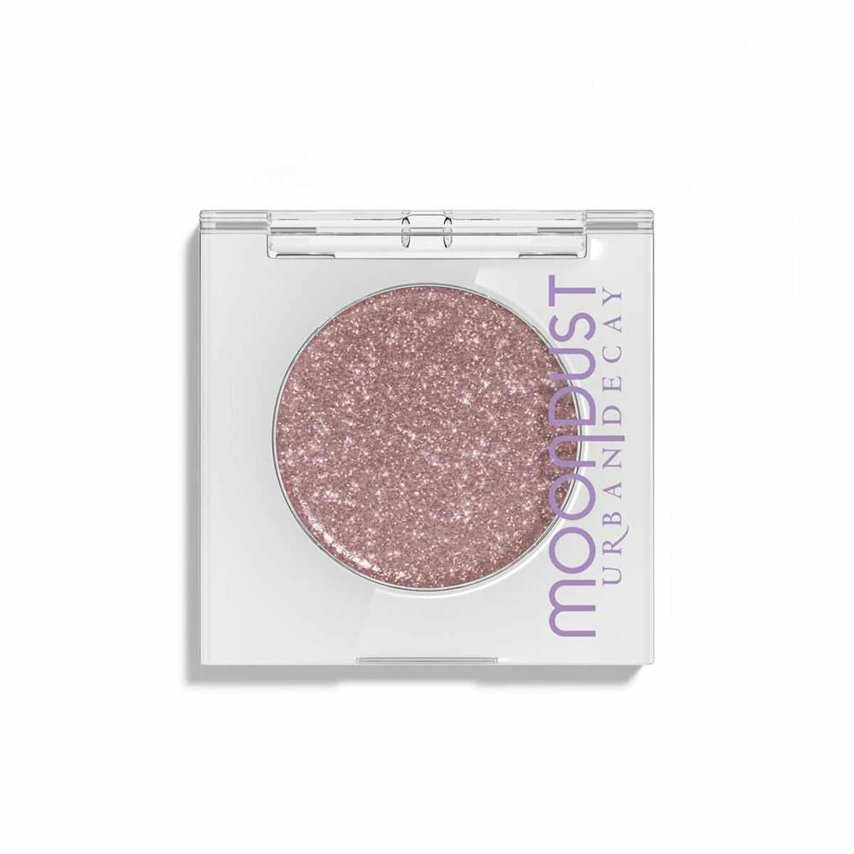 Urban Decay Moon Dust eyeshadow in a sparkly rose hue inside clear compact.