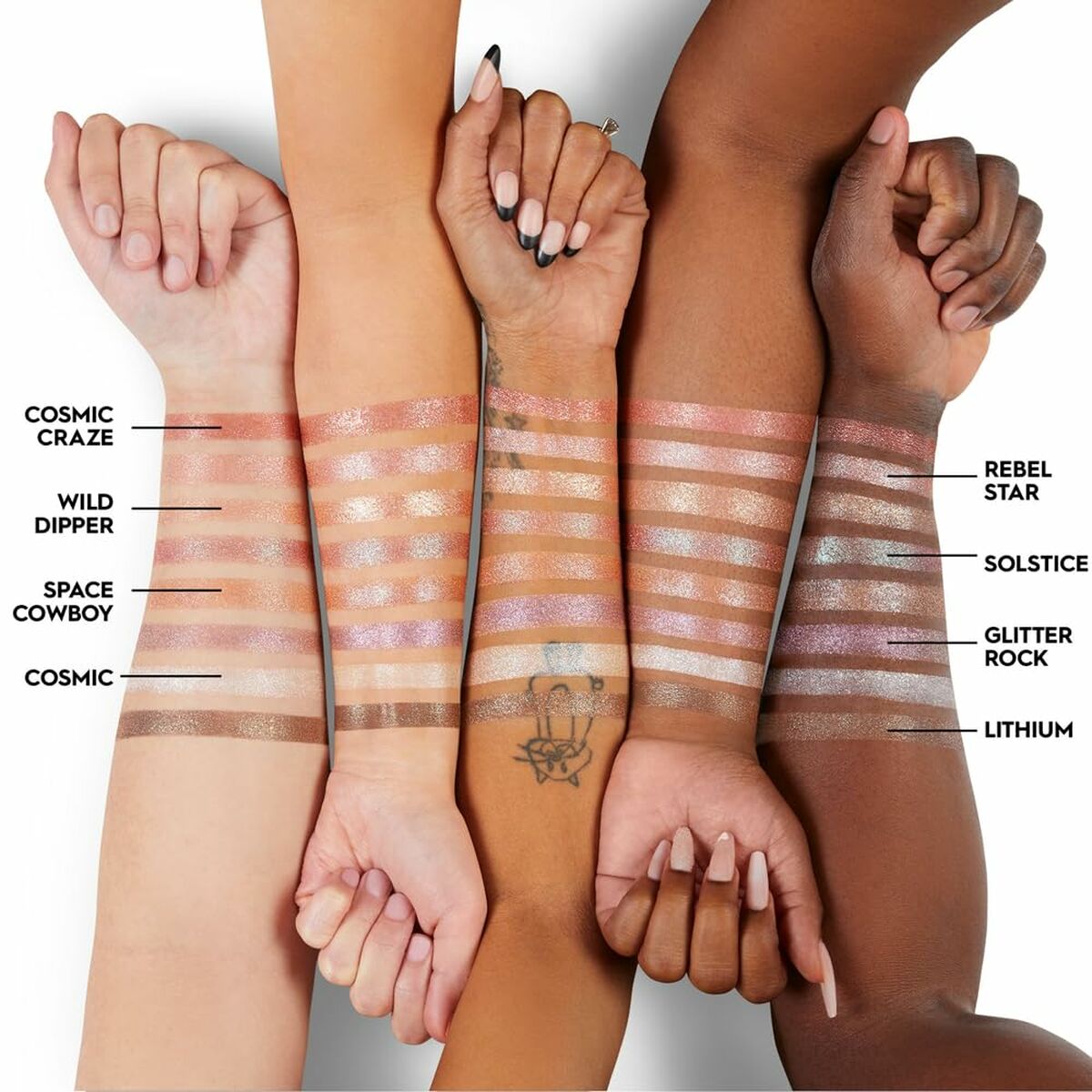 Swatches of Urban Decay 24/7 makeup shades on diverse skin tones: Cosmic Craze, Wild Dipper, Space Cowboy, and more.