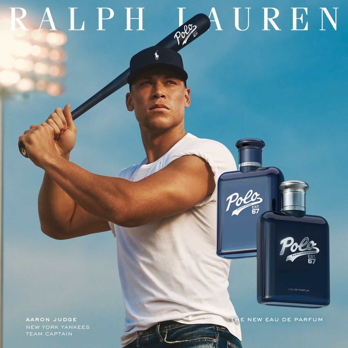 Ralph Lauren Polo fragrance ad featuring Aaron Judge with two bottles of Eau de Parfum.