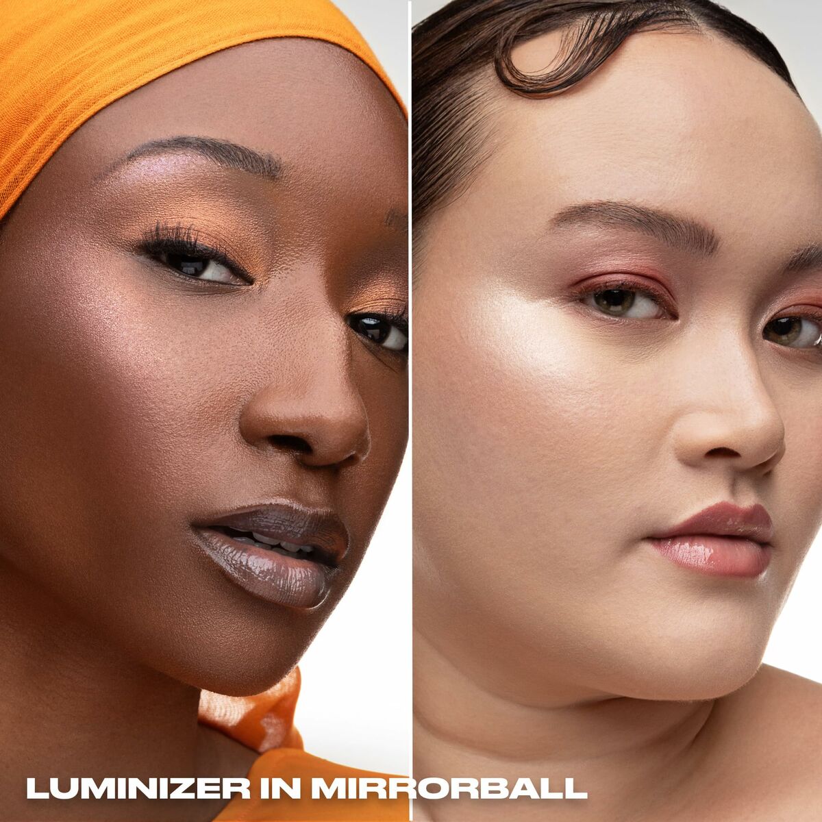 Diverse beauty models showcasing Luminizer in Mirrorball with glowing highlighter effects.