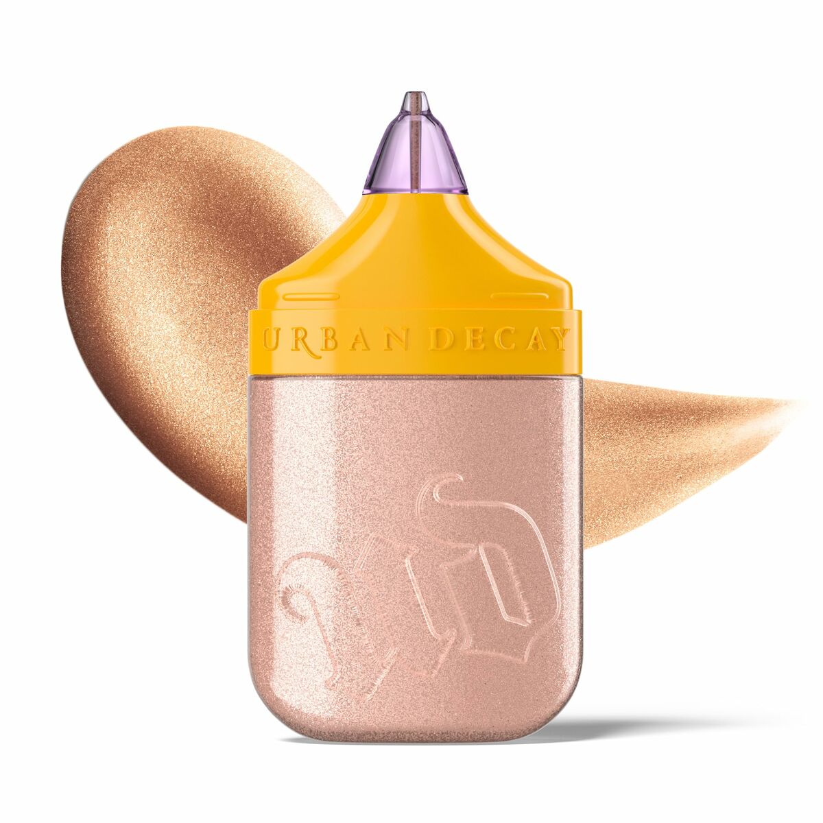 Urban Decay BOND HIGHLIGHTER in a sleek container, showcasing a shimmering liquid highlighter. Vegan and water-resistant.