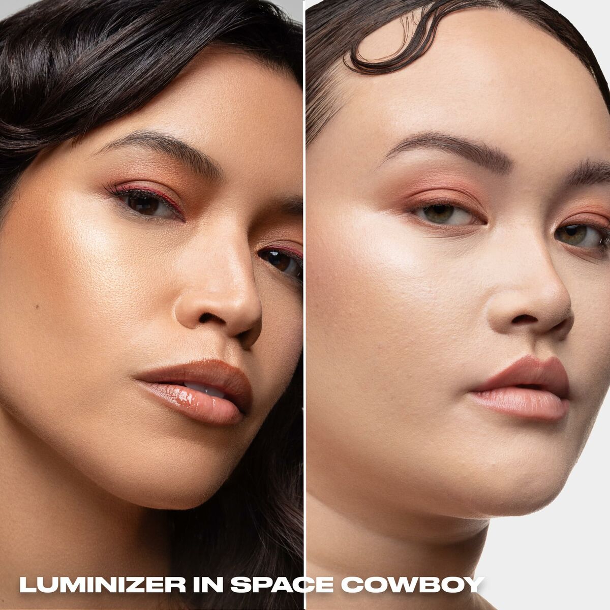 Close-up of two models showcasing Urban Decay Luminizer in Space Cowboy, highlighting radiant skin tones.