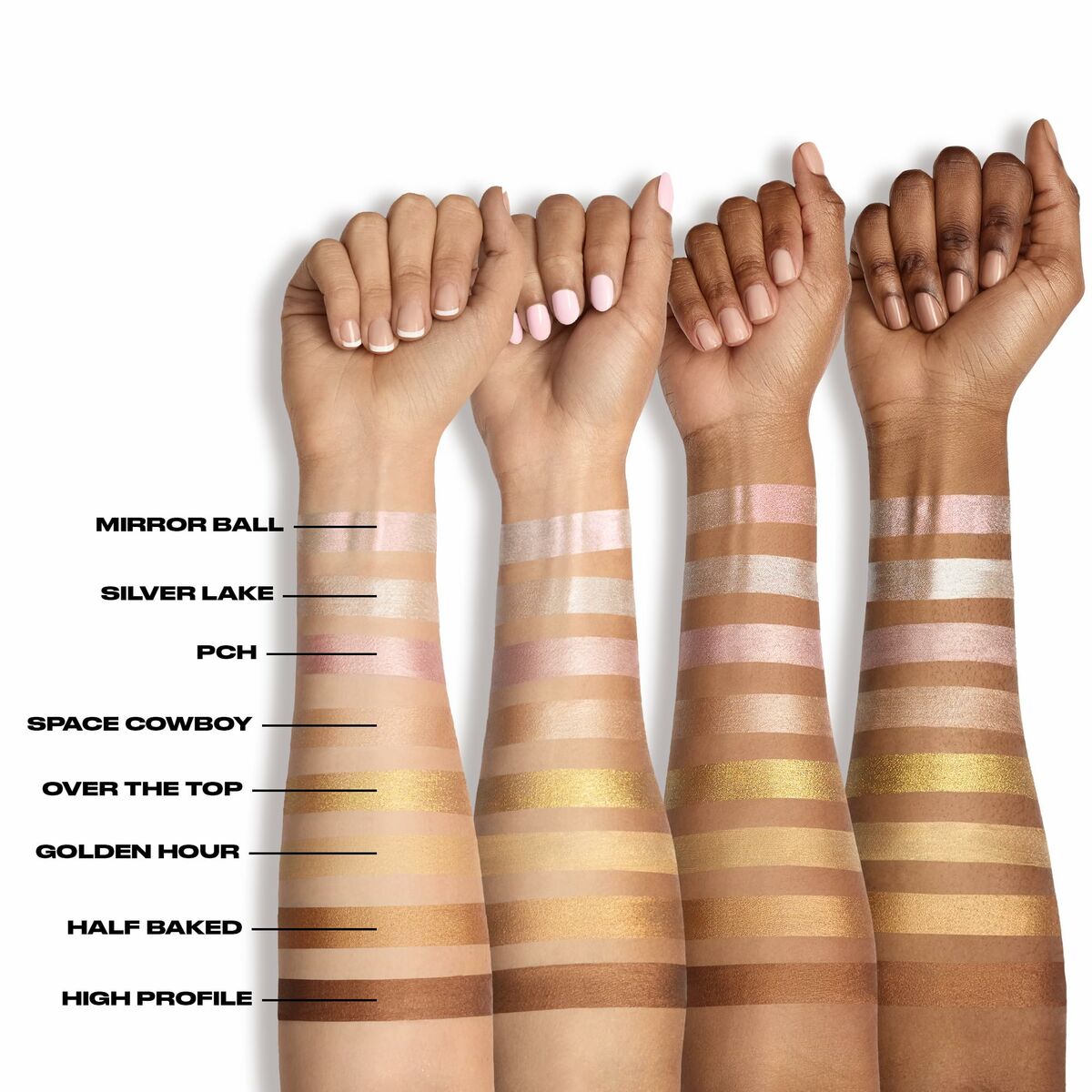 Swatches of Urban Decay Bond Highlighter shades on different skin tones: Mirror Ball, Silver Lake, PCH, and more.