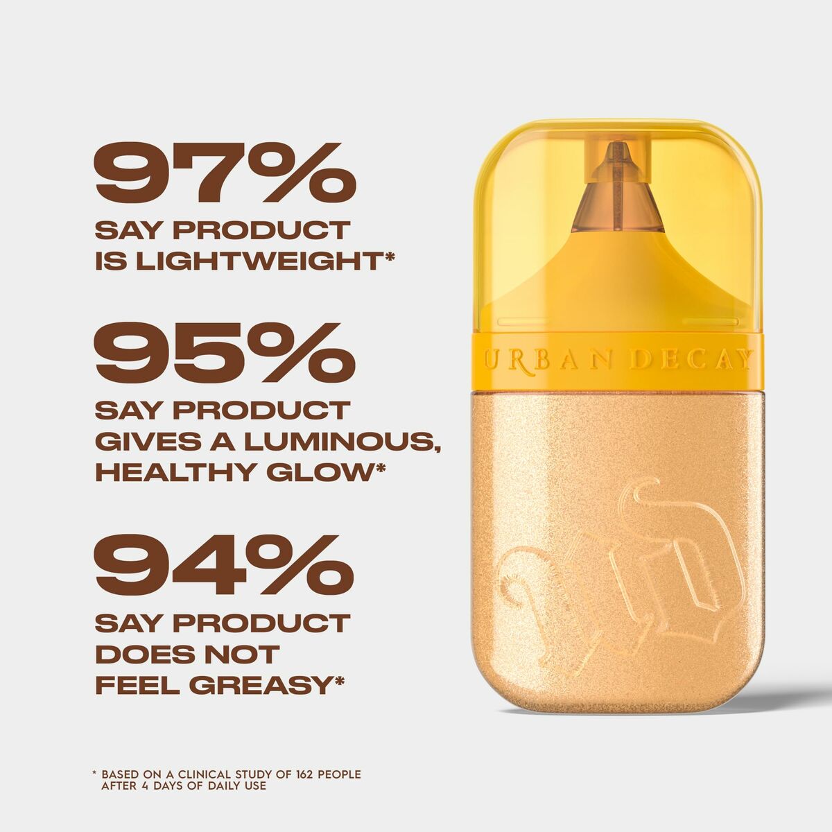 Urban Decay BOND HIGHLIGHTER packaging with statistics on its lightweight feel and glowing effect.