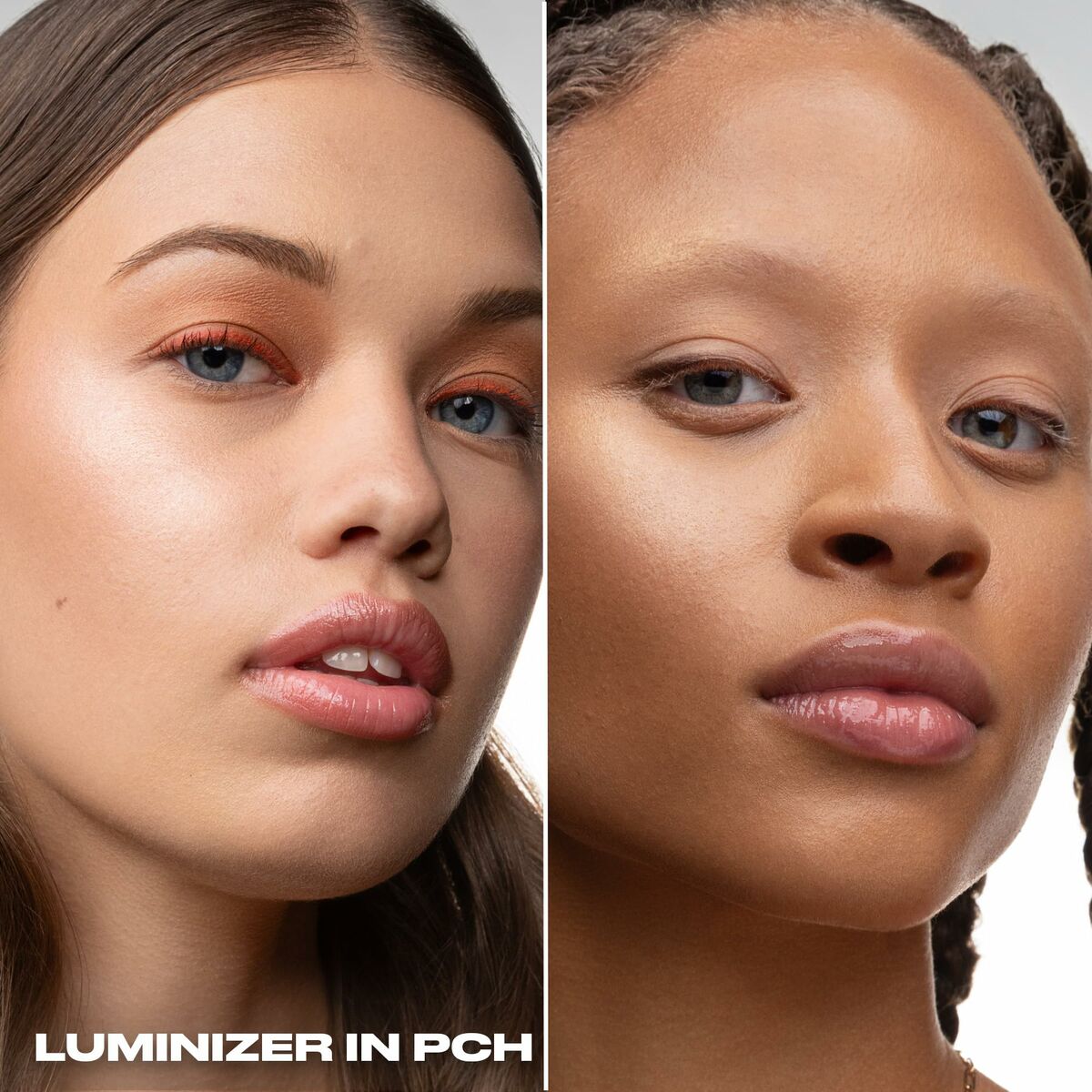 Close-up of two models showcasing Urban Decay BOND HIGHLIGHTER in PCH, both with glowing skin and luminous makeup.