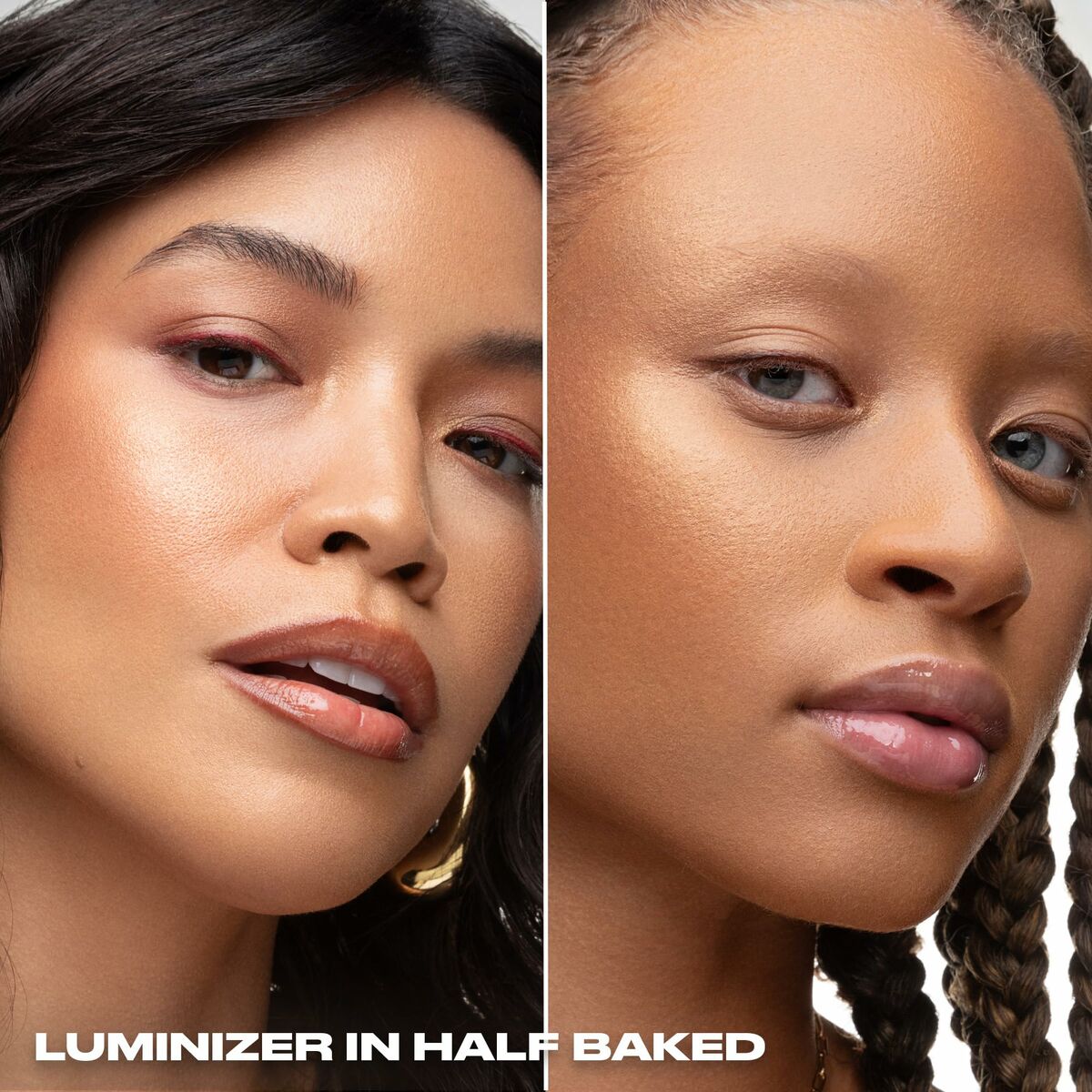 Model showcasing Urban Decay Luminizer in Half Baked on various skin tones.