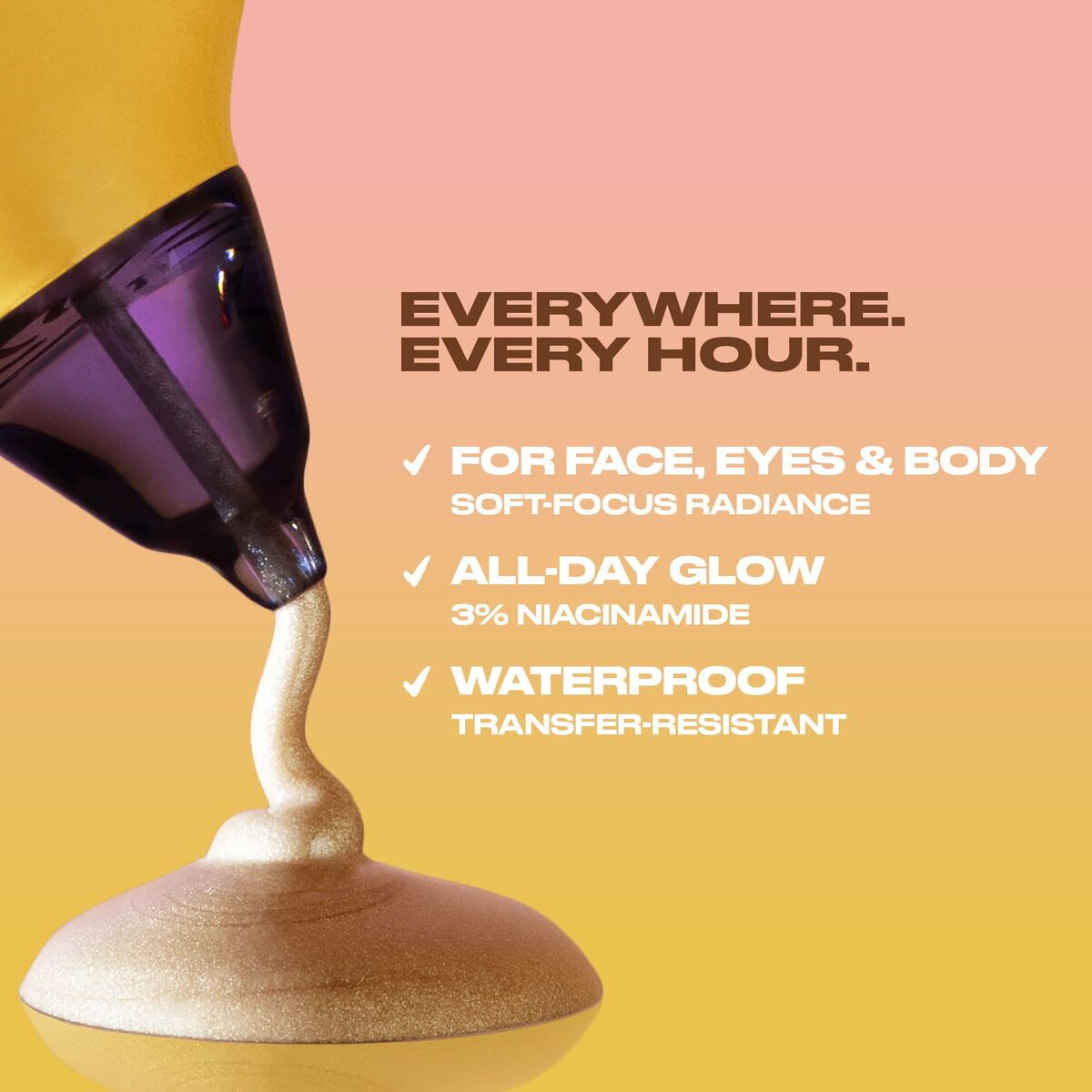 Urban Decay Bond Highlighter showcasing a waterproof formula for face, eyes, and body, featuring soft-focus radiance effects.
