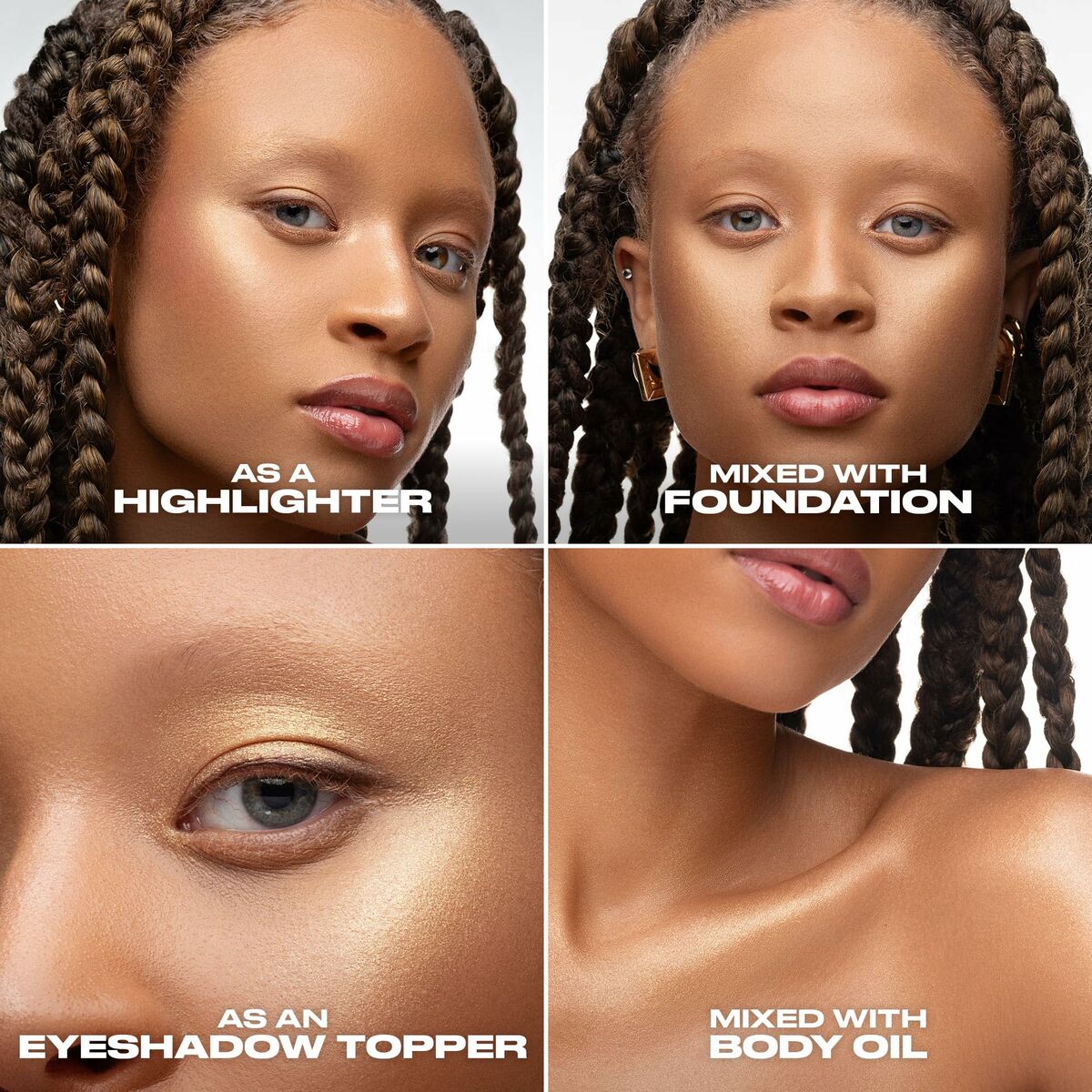 Image showing versatile use of Urban Decay BOND HIGHLIGHTER: as a highlighter, foundation, eyeshadow topper, and mixed with body oil.