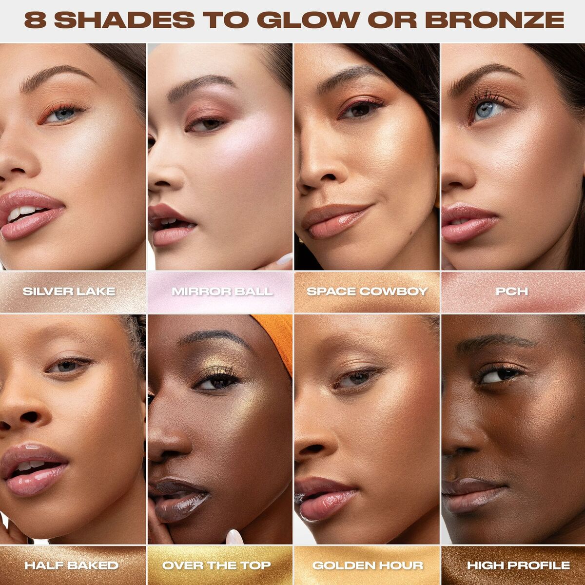 8 shades of highlighter from Urban Decay showcasing glow and bronze effects on diverse skin tones.