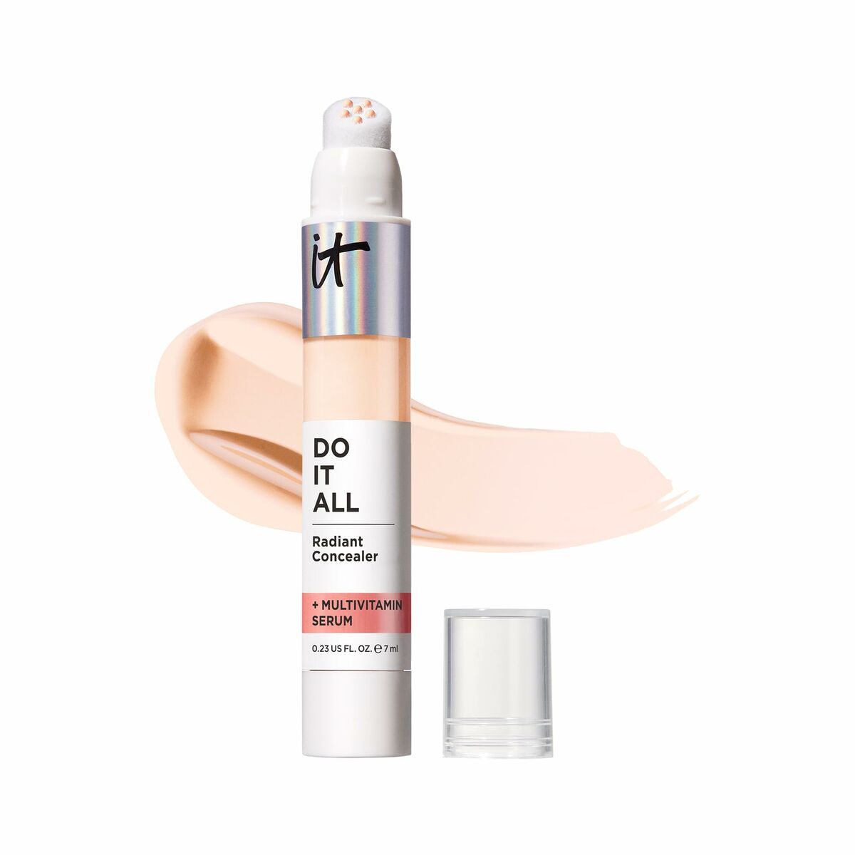 It Cosmetics DO IT ALL Radiant Concealer with multivitamin serum and swatch on a surface.