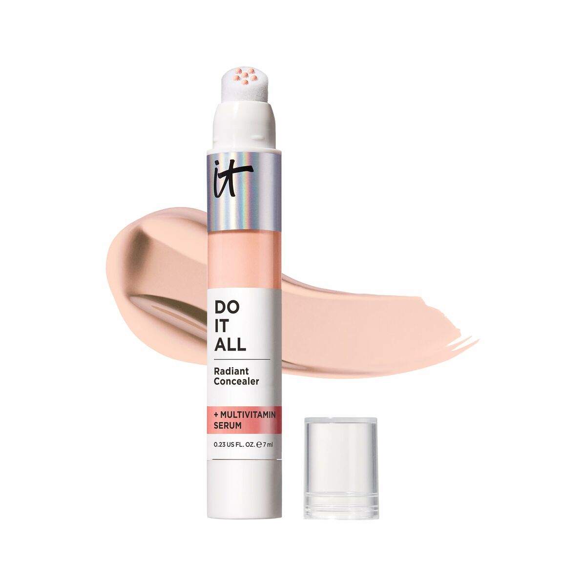 It Cosmetics DO IT ALL Radiant Concealer with multivitamin serum and a creamy swatch, perfect for radiant makeup looks.