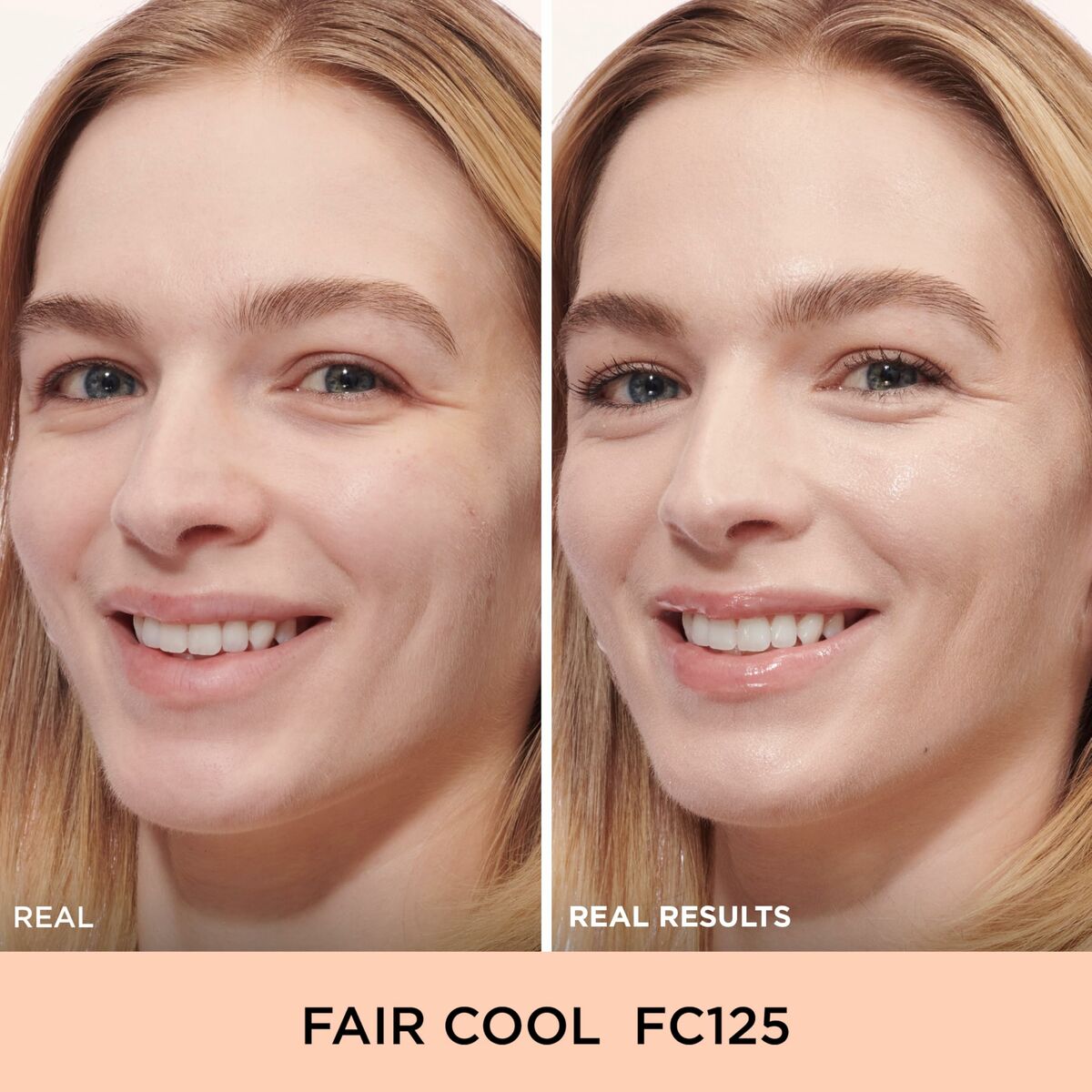 Comparison of fair cool makeup shades FC125 showing real results on a model, highlighting skin radiance and beauty.